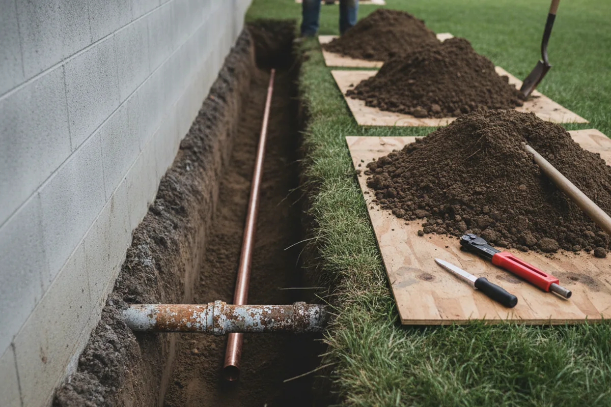 Excavated water line trench during Sewer Line Repair in Glenn